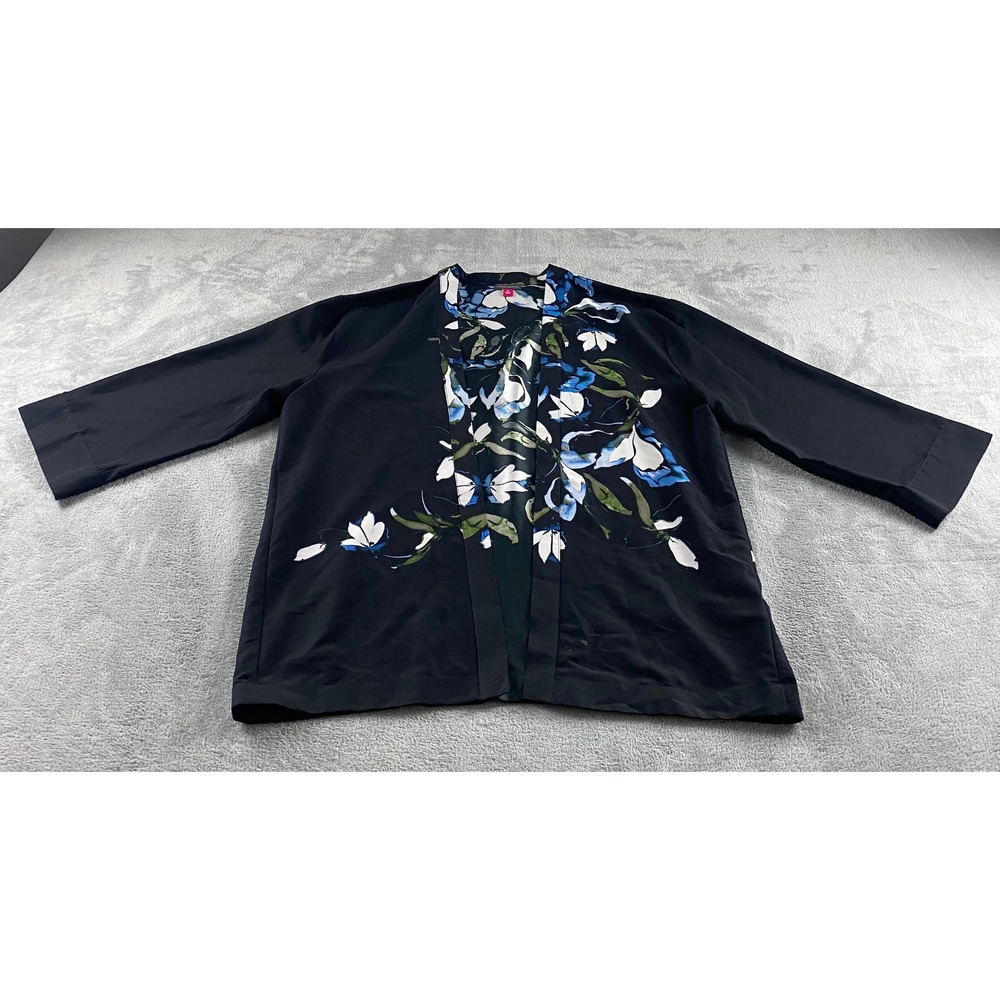 Vince Camuto Womens Black Floral Open Front Kimono Jacket 3/4 Sleeve Size M